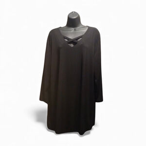 J Lee Women's 2X Plus Size Criss-Cross V-Neck Long Sleeve Tunic Black (JC245)